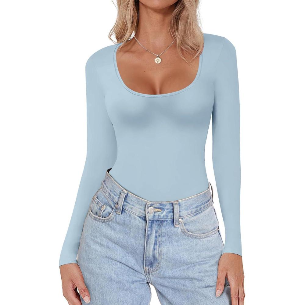 imageEkouaer Women Long Sleeve Shirt Scoop Neck Tops Slim Fit Basic Top Thermal Undershirts Base Layer TeeLight Blue