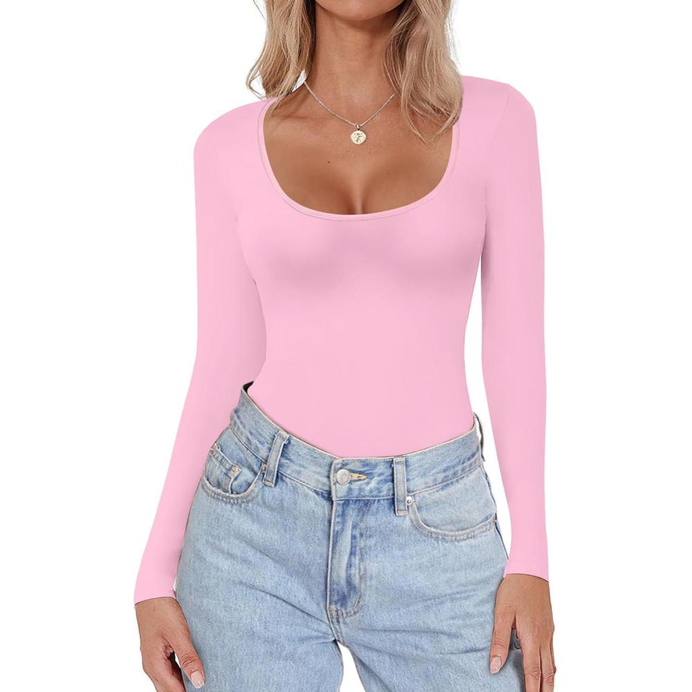 imageEkouaer Women Long Sleeve Shirt Scoop Neck Tops Slim Fit Basic Top Thermal Undershirts Base Layer TeePink