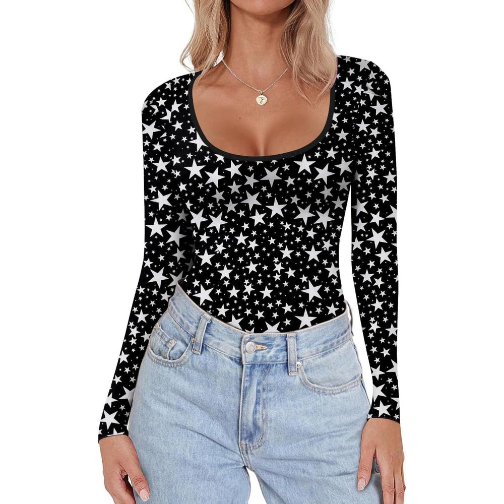 imageEkouaer Women Long Sleeve Shirt Scoop Neck Tops Slim Fit Basic Top Thermal Undershirts Base Layer TeeWhite Stars