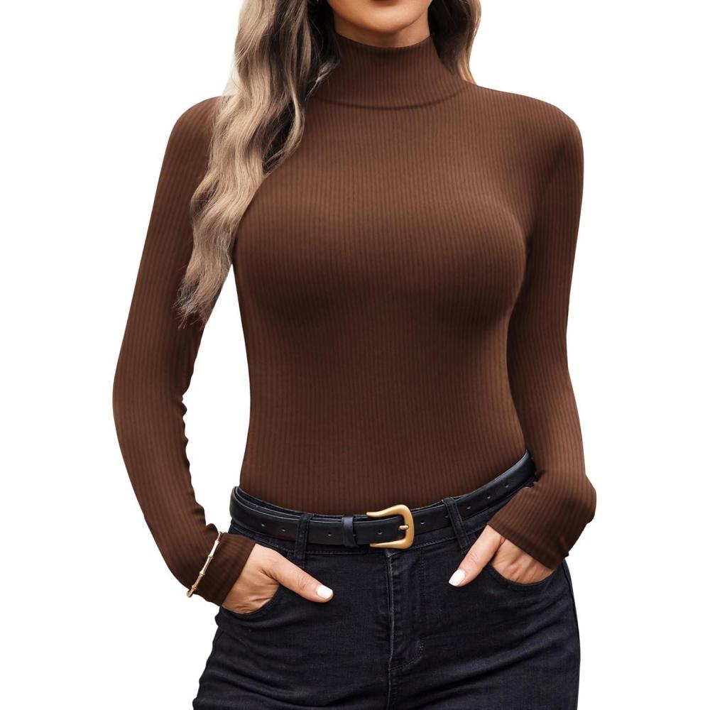 imageEkouaer Women Turtleneck Shirt Long Sleeve Layer Tops Basic Ribbed Tees Soft Stretch Thermal Undershirts Lightweight BlouseBrown