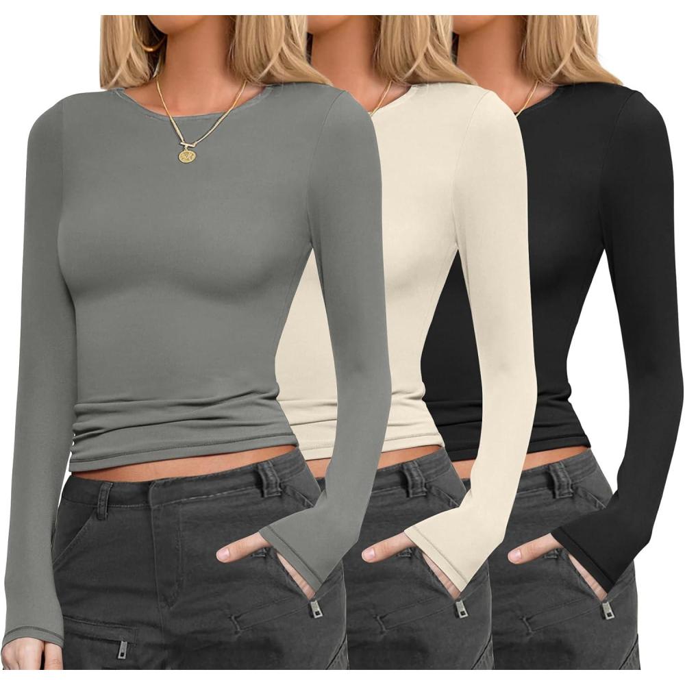 imageEkouaer Womens 3 Pack Long Sleeve Shirts Fitted Tops Base Layering Tight Thermal Undershirts XSXXLBlackLight GrayBeige