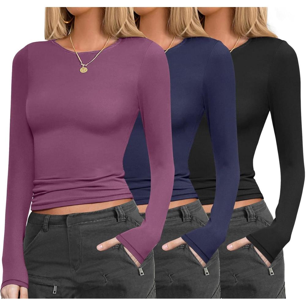 imageEkouaer Womens 3 Pack Long Sleeve Shirts Fitted Tops Base Layering Tight Thermal Undershirts XSXXLBlackNavyPurple