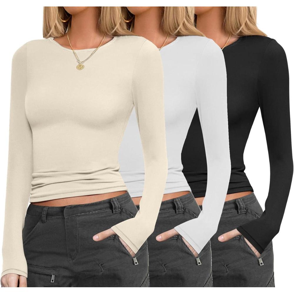 imageEkouaer Womens 3 Pack Long Sleeve Shirts Fitted Tops Base Layering Tight Thermal Undershirts XSXXLBlackWhiteBeige