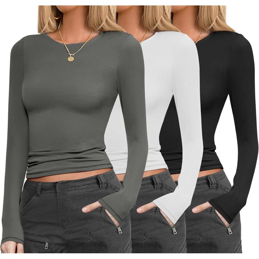 imageEkouaer Womens 3 Pack Long Sleeve Shirts Fitted Tops Base Layering Tight Thermal Undershirts XSXXLBlackWhiteGray
