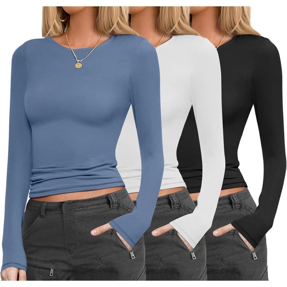 imageEkouaer Womens 3 Pack Long Sleeve Shirts Fitted Tops Base Layering Tight Thermal Undershirts XSXXLBlackWhiteHaze Blue