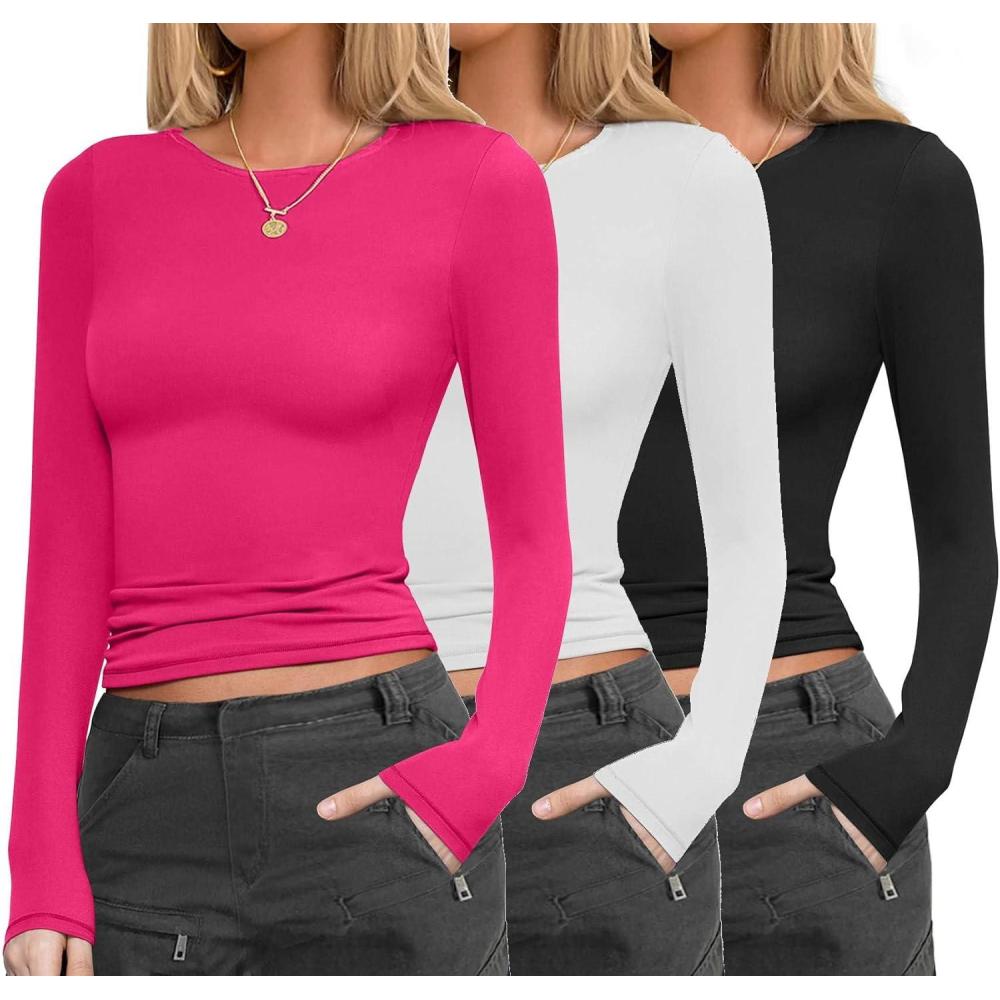 imageEkouaer Womens 3 Pack Long Sleeve Shirts Fitted Tops Base Layering Tight Thermal Undershirts XSXXLBlackWhiteHot Pink