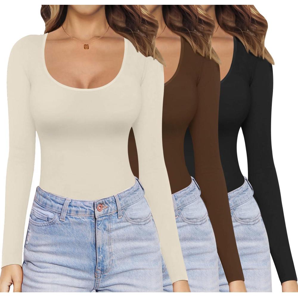 imageEkouaer Womens 3 Pack Long Sleeve Shirts Scoop Neck Tops Stretch Fitted Undershirt Lightweight Basic Thermal Tee XSXXLBlackBeigeCoffee