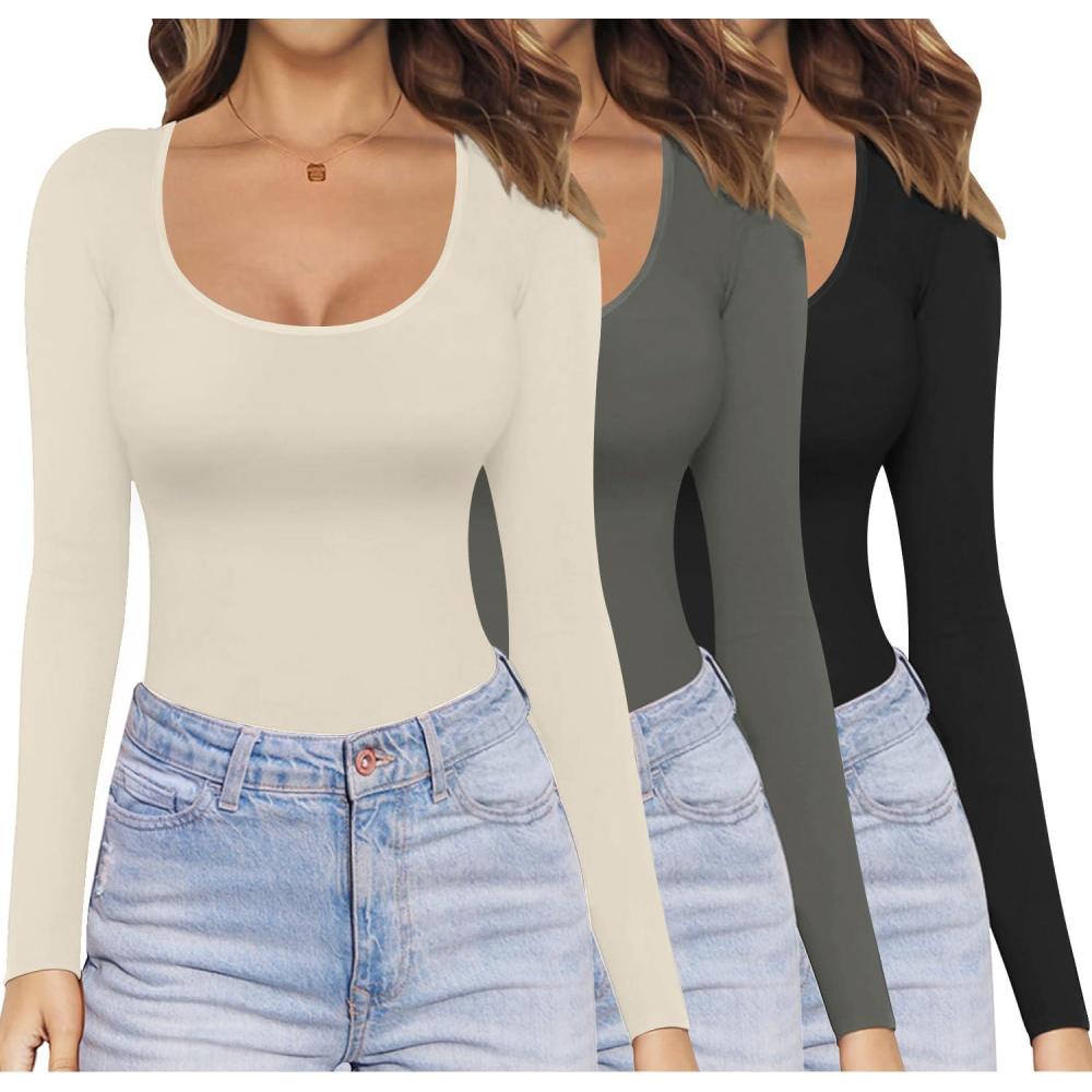 imageEkouaer Womens 3 Pack Long Sleeve Shirts Scoop Neck Tops Stretch Fitted Undershirt Lightweight Basic Thermal Tee XSXXLBlackDarkgreyBeige
