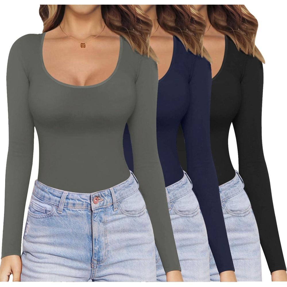 imageEkouaer Womens 3 Pack Long Sleeve Shirts Scoop Neck Tops Stretch Fitted Undershirt Lightweight Basic Thermal Tee XSXXLBlackDarkgreyNavy Blue