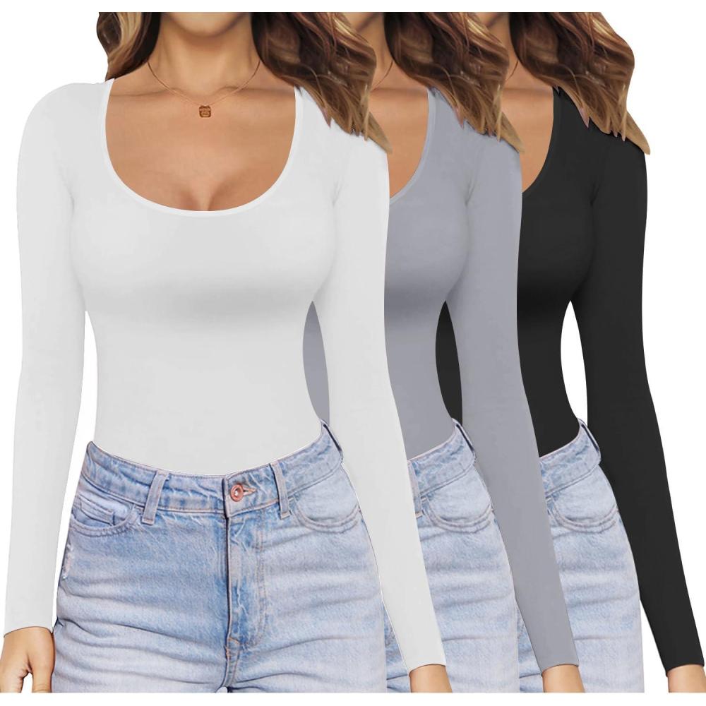 imageEkouaer Womens 3 Pack Long Sleeve Shirts Scoop Neck Tops Stretch Fitted Undershirt Lightweight Basic Thermal Tee XSXXLBlackLightgreyWhite