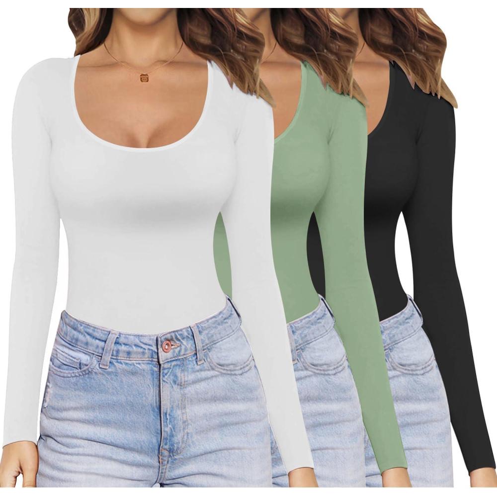 imageEkouaer Womens 3 Pack Long Sleeve Shirts Scoop Neck Tops Stretch Fitted Undershirt Lightweight Basic Thermal Tee XSXXLBlackWhiteCeladon Green