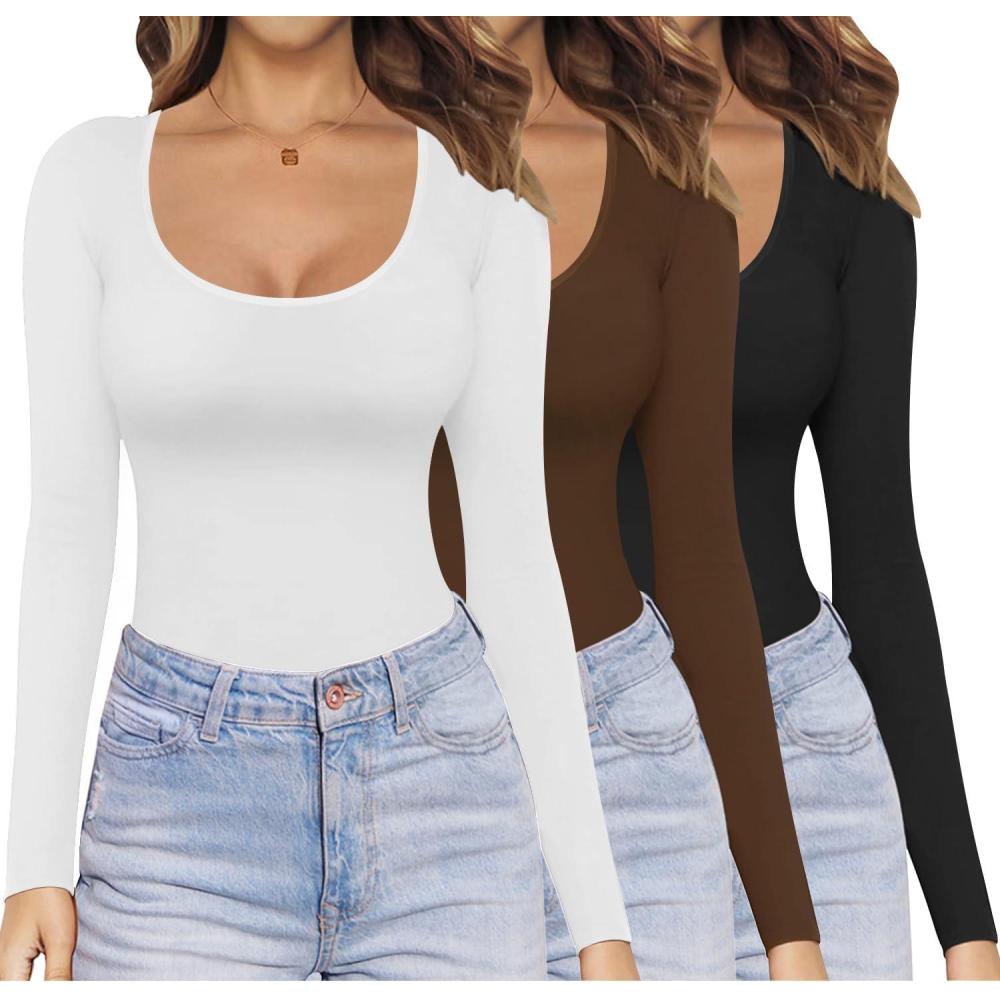 imageEkouaer Womens 3 Pack Long Sleeve Shirts Scoop Neck Tops Stretch Fitted Undershirt Lightweight Basic Thermal Tee XSXXLBlackWhiteCoffee