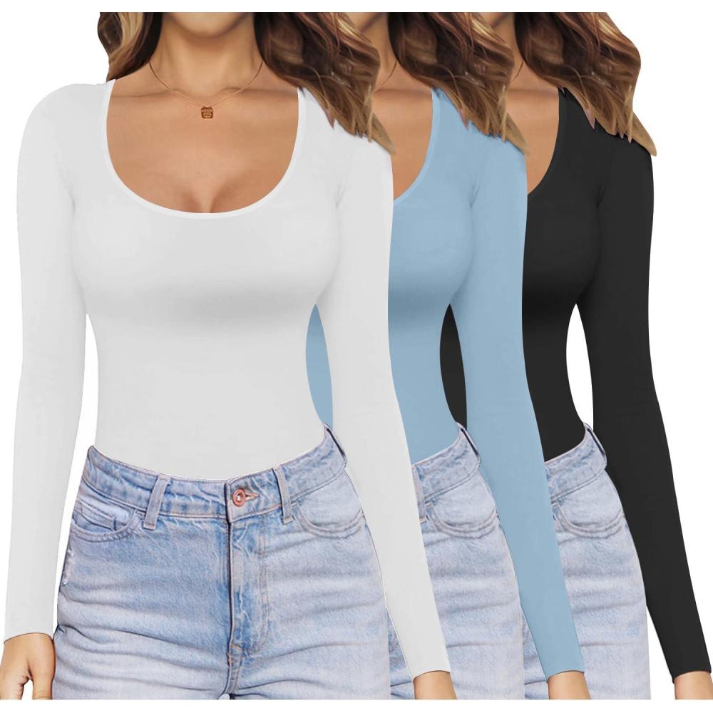 imageEkouaer Womens 3 Pack Long Sleeve Shirts Scoop Neck Tops Stretch Fitted Undershirt Lightweight Basic Thermal Tee XSXXLBlackWhiteLight Blue