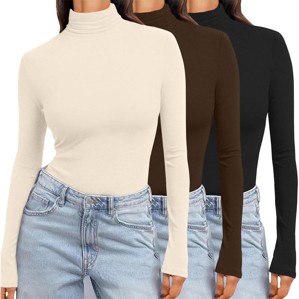imageEkouaer Womens 3 Pack Turtleneck Long Sleeve Shirts Slim Fit Thermal Underwear Tops Lightweight Pullover TeesBlackBrownBeige