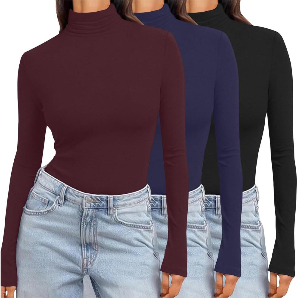 imageEkouaer Womens 3 Pack Turtleneck Long Sleeve Shirts Slim Fit Thermal Underwear Tops Lightweight Pullover TeesBlackNavyDark Red