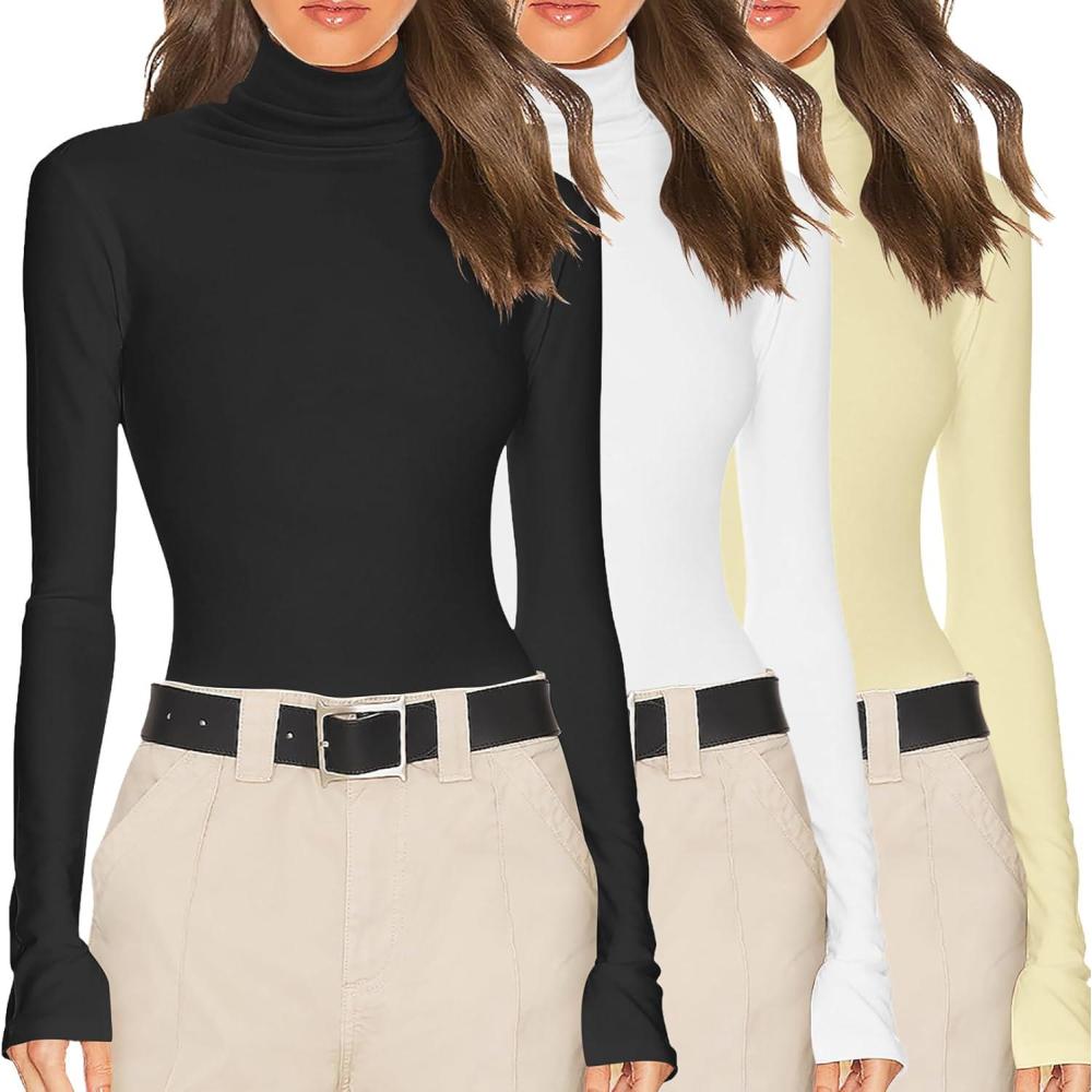 imageEkouaer Womens 3 Pack Turtleneck Long Sleeve Shirts Slim Fit Thermal Underwear Tops Lightweight Pullover TeesBlackWhiteCream Beige