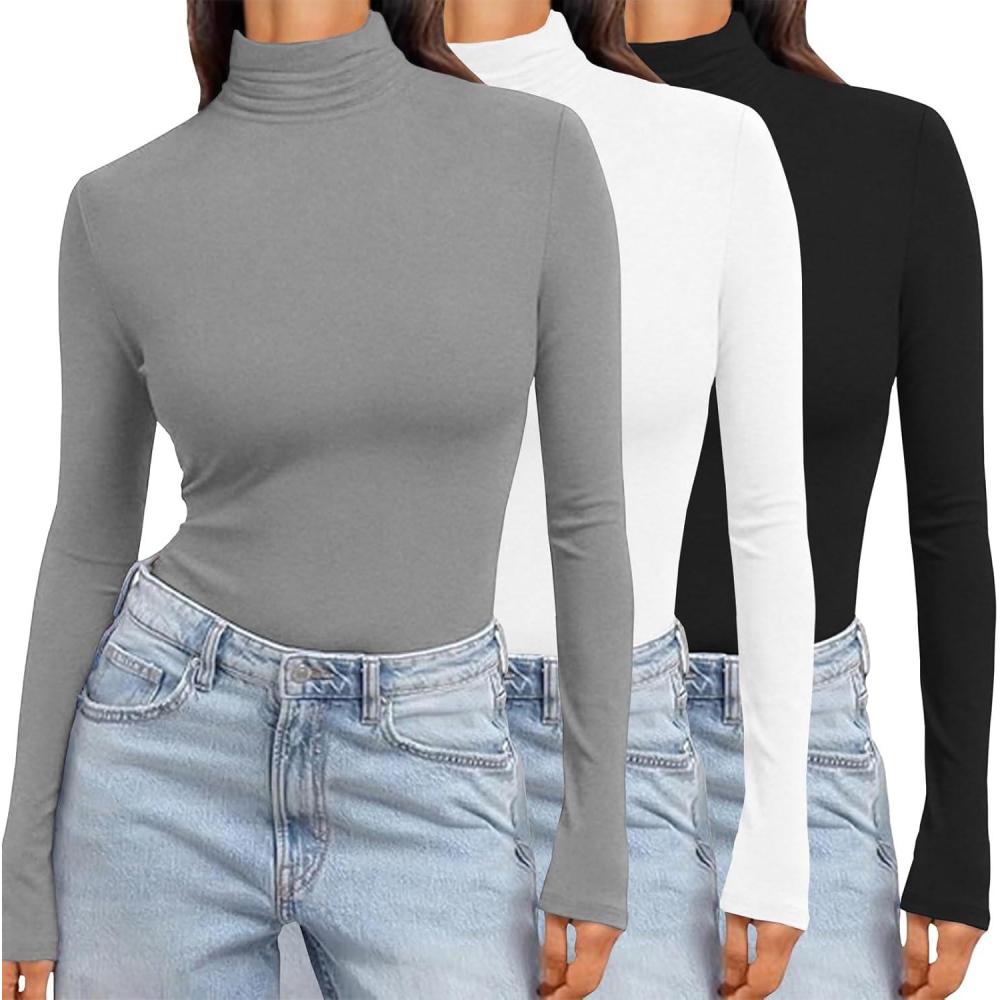 imageEkouaer Womens 3 Pack Turtleneck Long Sleeve Shirts Slim Fit Thermal Underwear Tops Lightweight Pullover TeesBlackWhiteLight Grey