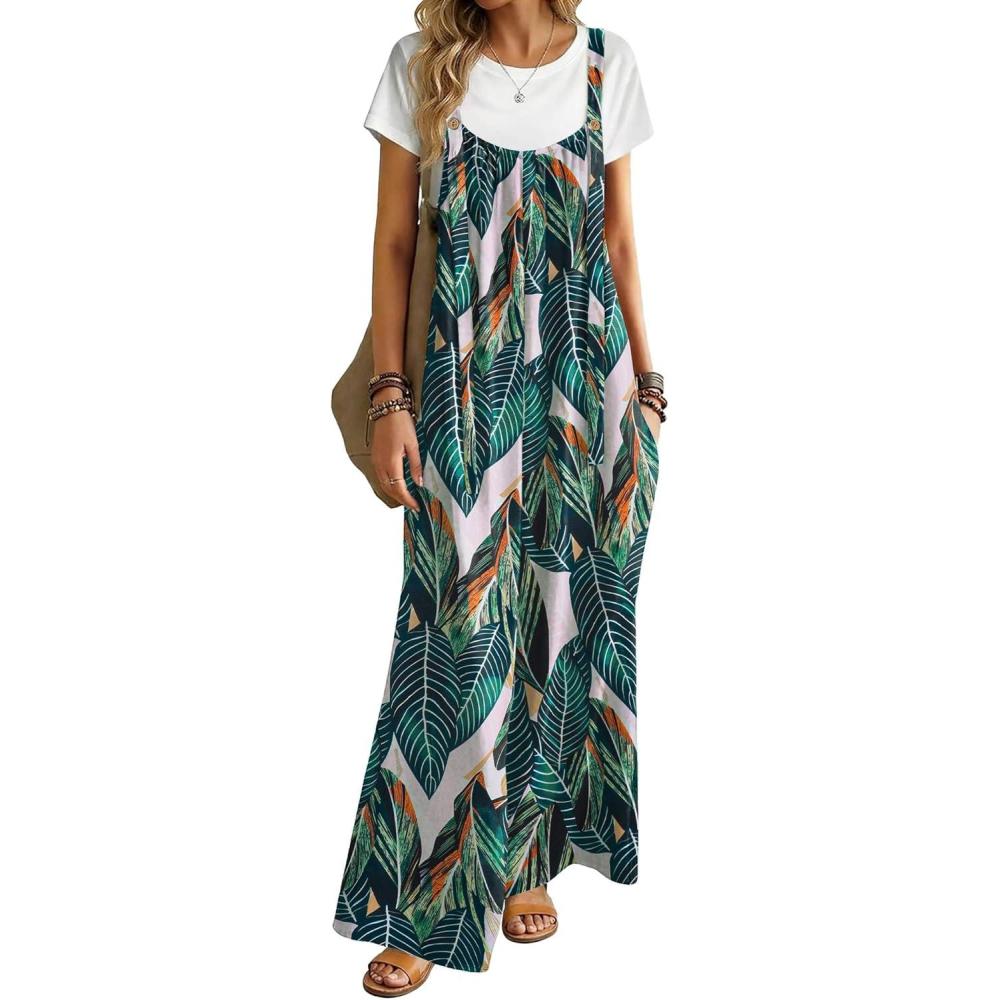 imageEkouaer Womens Casual Overalls Boho Floral Loose Wide Leg Jumpsuits Summer Pleated Outfits with PocketsGreen Leaves