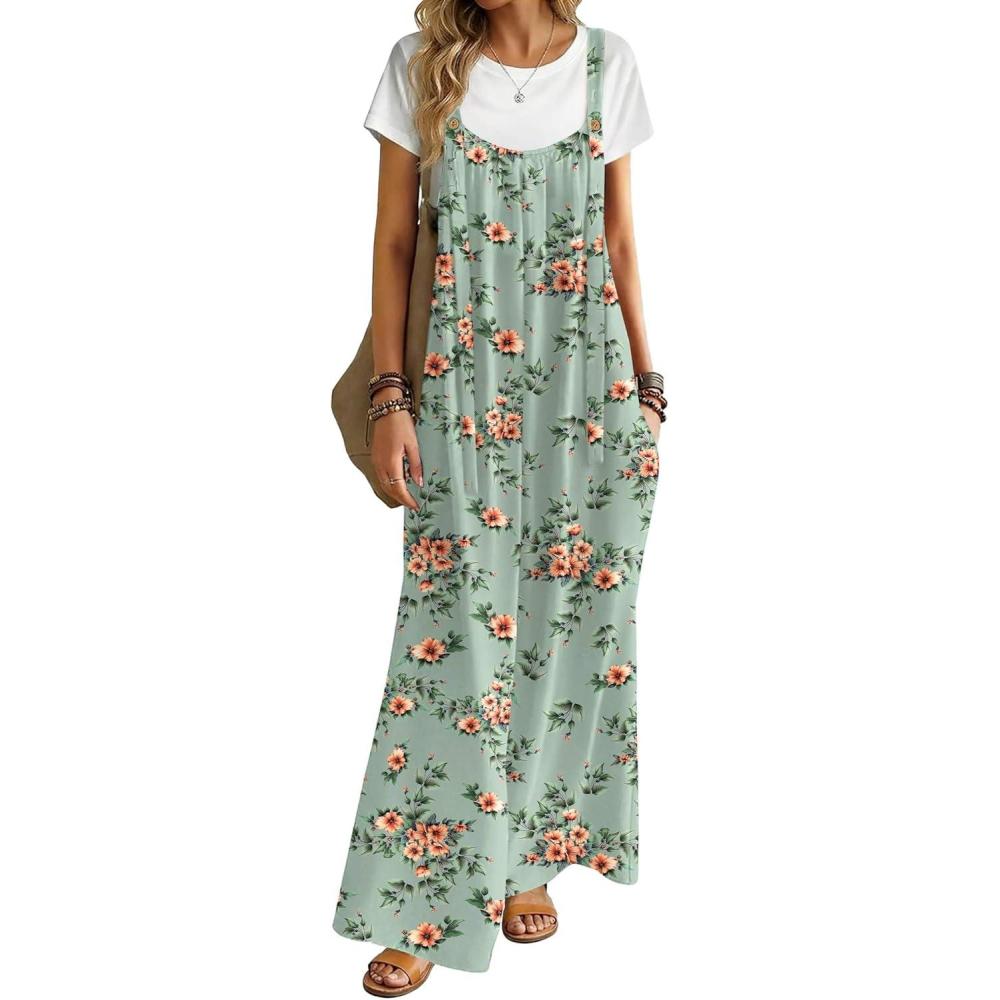 imageEkouaer Womens Casual Overalls Boho Floral Loose Wide Leg Jumpsuits Summer Pleated Outfits with PocketsLight Green Floral