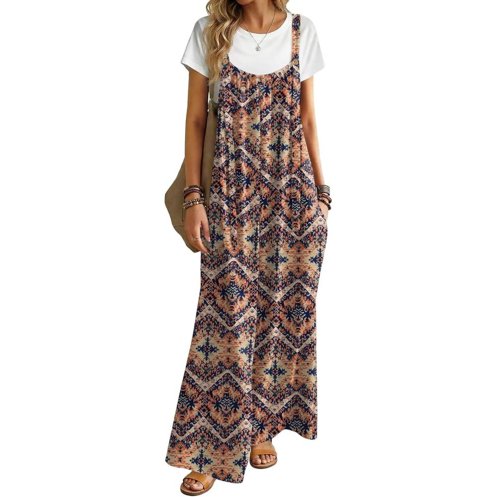 imageEkouaer Womens Casual Overalls Boho Floral Loose Wide Leg Jumpsuits Summer Pleated Outfits with PocketsOrange Bohemian