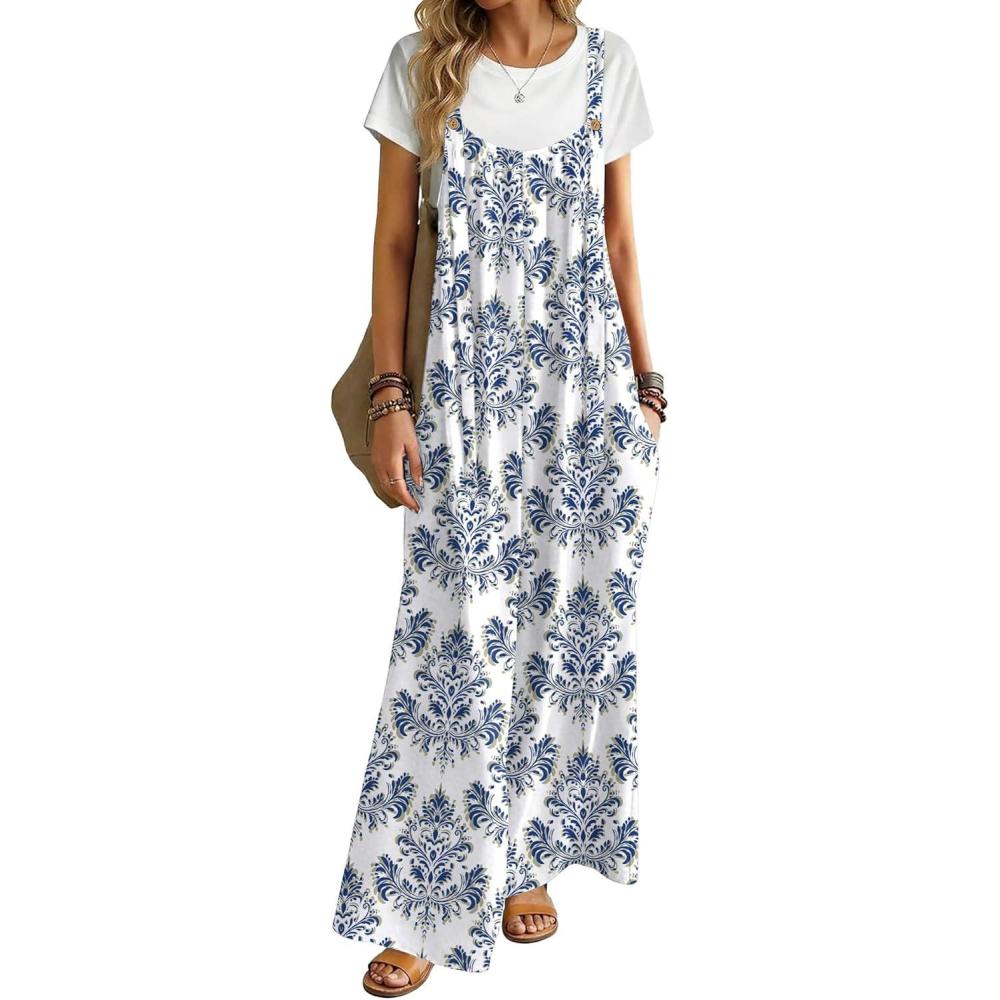 imageEkouaer Womens Casual Overalls Boho Floral Loose Wide Leg Jumpsuits Summer Pleated Outfits with PocketsWhite Italian Print
