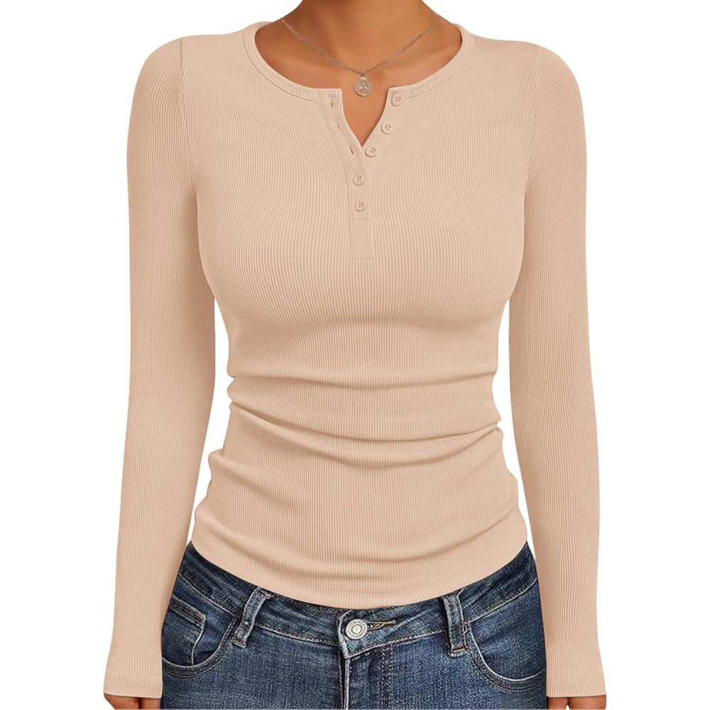 imageEkouaer Womens Long Sleeve Henley Shirts Button Ribbed Knit Tops Basic Layering Slim Fit Soft Thermal Underwear TopsBeige