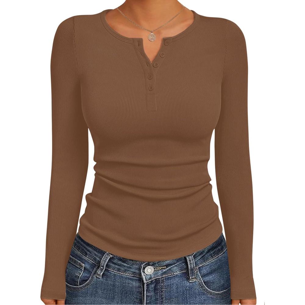 imageEkouaer Womens Long Sleeve Henley Shirts Button Ribbed Knit Tops Basic Layering Slim Fit Soft Thermal Underwear TopsBrown