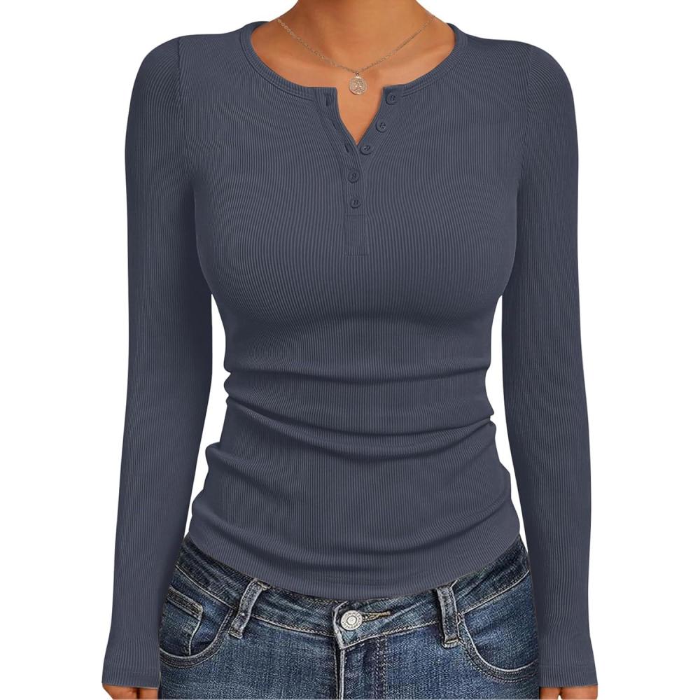 imageEkouaer Womens Long Sleeve Henley Shirts Button Ribbed Knit Tops Basic Layering Slim Fit Soft Thermal Underwear TopsDark Gray