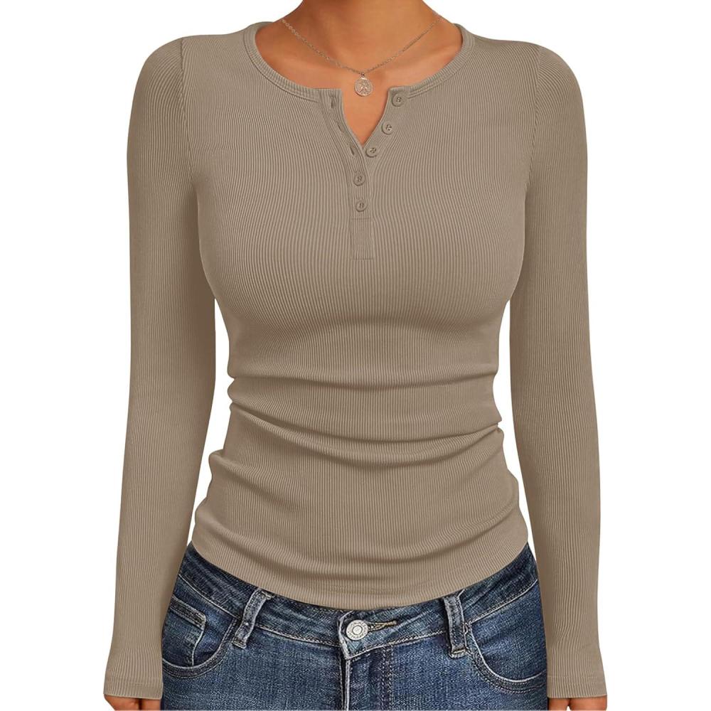 imageEkouaer Womens Long Sleeve Henley Shirts Button Ribbed Knit Tops Basic Layering Slim Fit Soft Thermal Underwear TopsKhaki