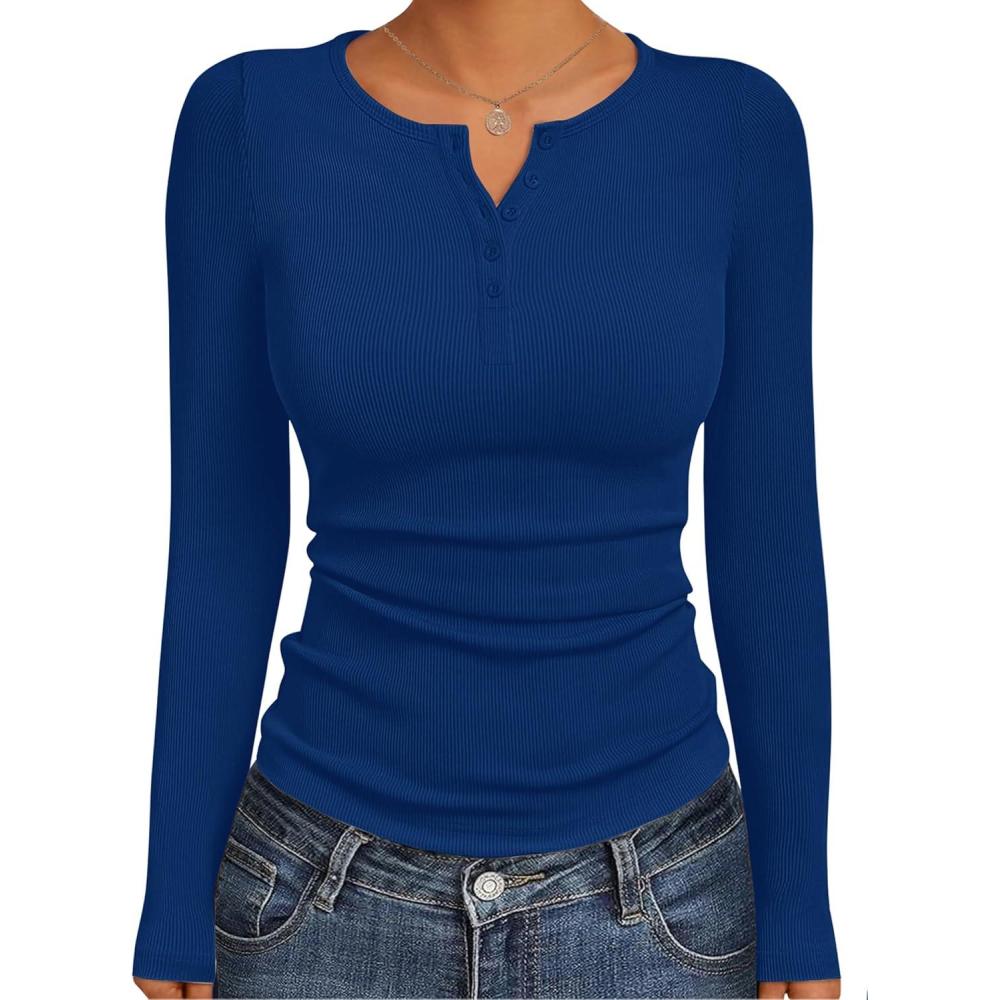 imageEkouaer Womens Long Sleeve Henley Shirts Button Ribbed Knit Tops Basic Layering Slim Fit Soft Thermal Underwear TopsNavy