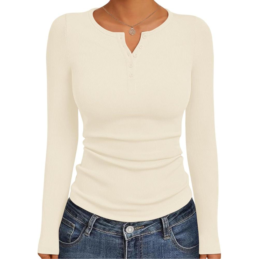 imageEkouaer Womens Long Sleeve Henley Shirts Button Ribbed Knit Tops Basic Layering Slim Fit Soft Thermal Underwear TopsOffwhite