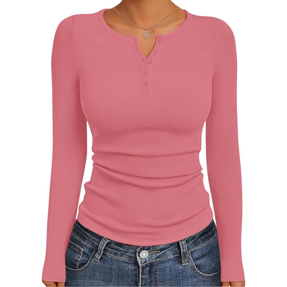 imageEkouaer Womens Long Sleeve Henley Shirts Button Ribbed Knit Tops Basic Layering Slim Fit Soft Thermal Underwear TopsRose Pink
