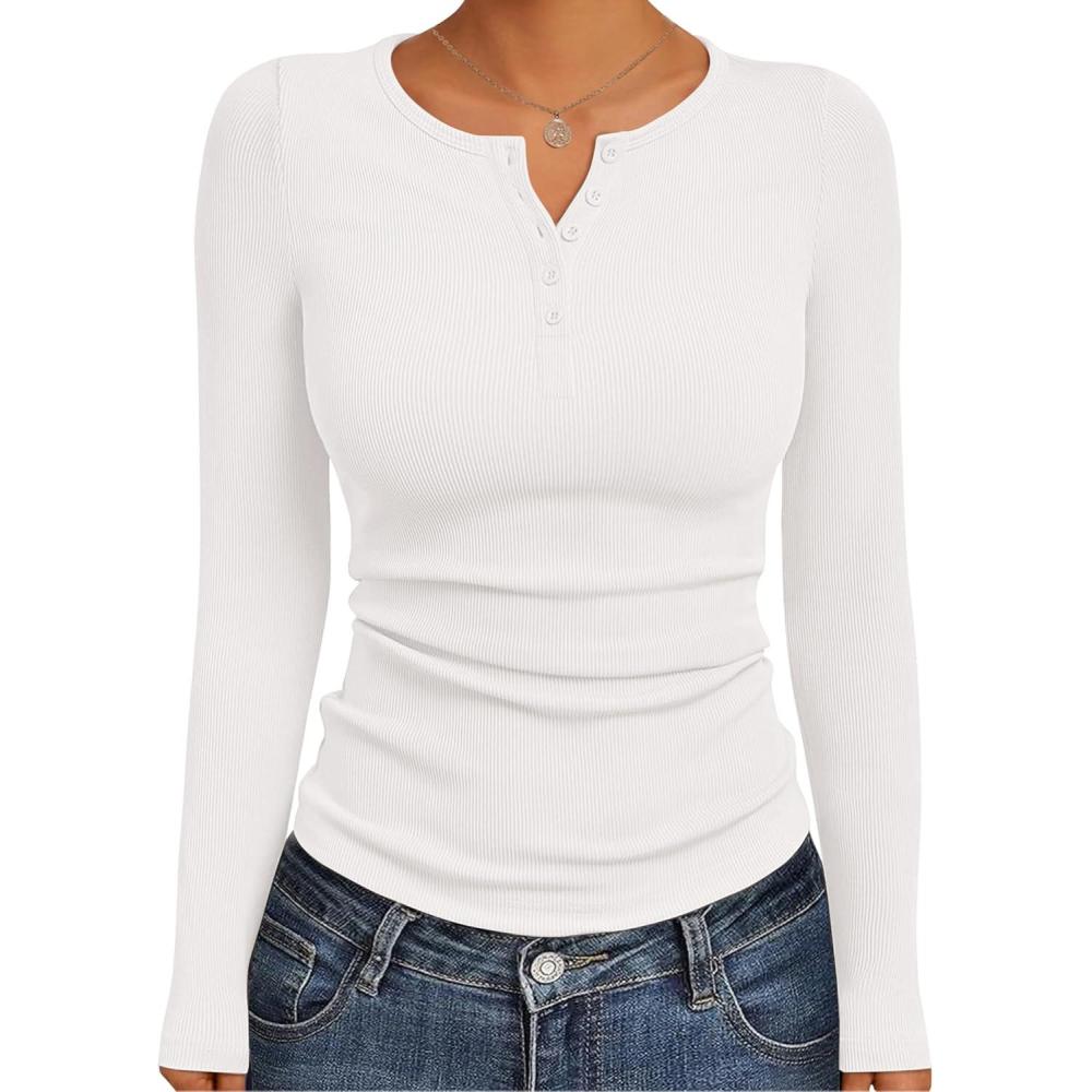 imageEkouaer Womens Long Sleeve Henley Shirts Button Ribbed Knit Tops Basic Layering Slim Fit Soft Thermal Underwear TopsWhite