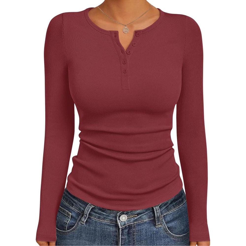 imageEkouaer Womens Long Sleeve Henley Shirts Button Ribbed Knit Tops Basic Layering Slim Fit Soft Thermal Underwear TopsWine Red