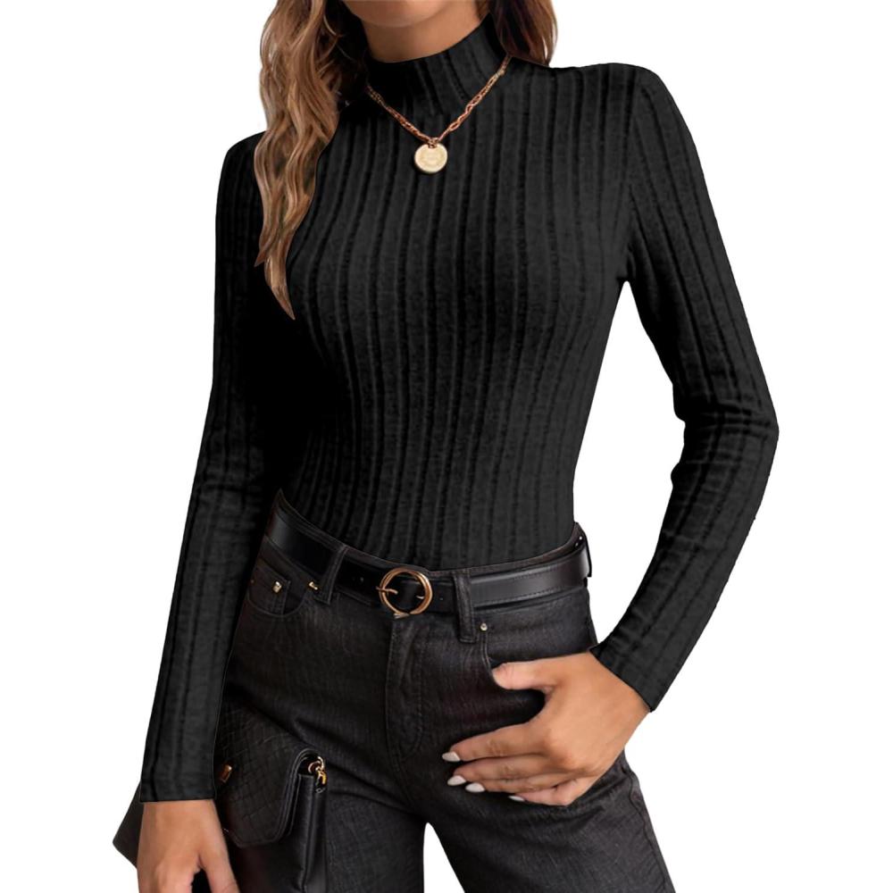 imageEkouaer Womens Long Sleeve Mock Turtleneck Tops Ribbed Shirts Fleece Soft Thermal Undershirts TeeBlack
