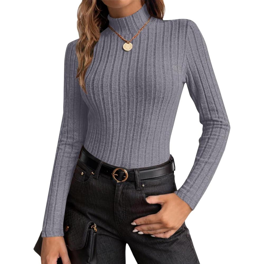 imageEkouaer Womens Long Sleeve Mock Turtleneck Tops Ribbed Shirts Fleece Soft Thermal Undershirts TeeGrey