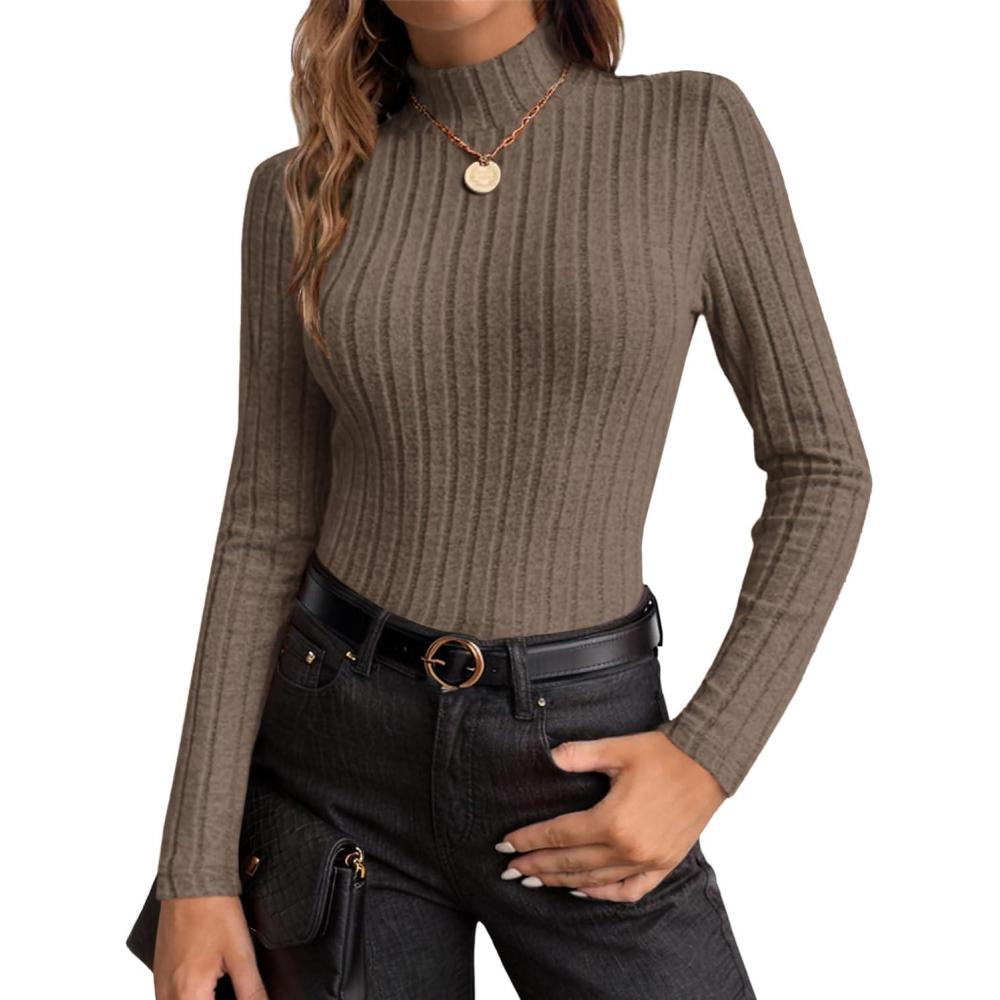 imageEkouaer Womens Long Sleeve Mock Turtleneck Tops Ribbed Shirts Fleece Soft Thermal Undershirts TeeLight Brown