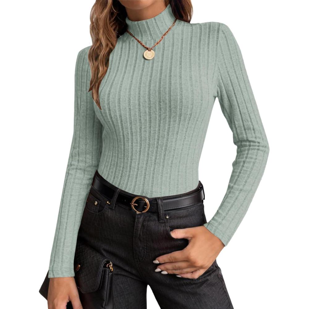 imageEkouaer Womens Long Sleeve Mock Turtleneck Tops Ribbed Shirts Fleece Soft Thermal Undershirts TeeLight Green1