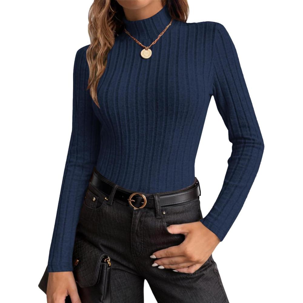 imageEkouaer Womens Long Sleeve Mock Turtleneck Tops Ribbed Shirts Fleece Soft Thermal Undershirts TeeNavy Blue
