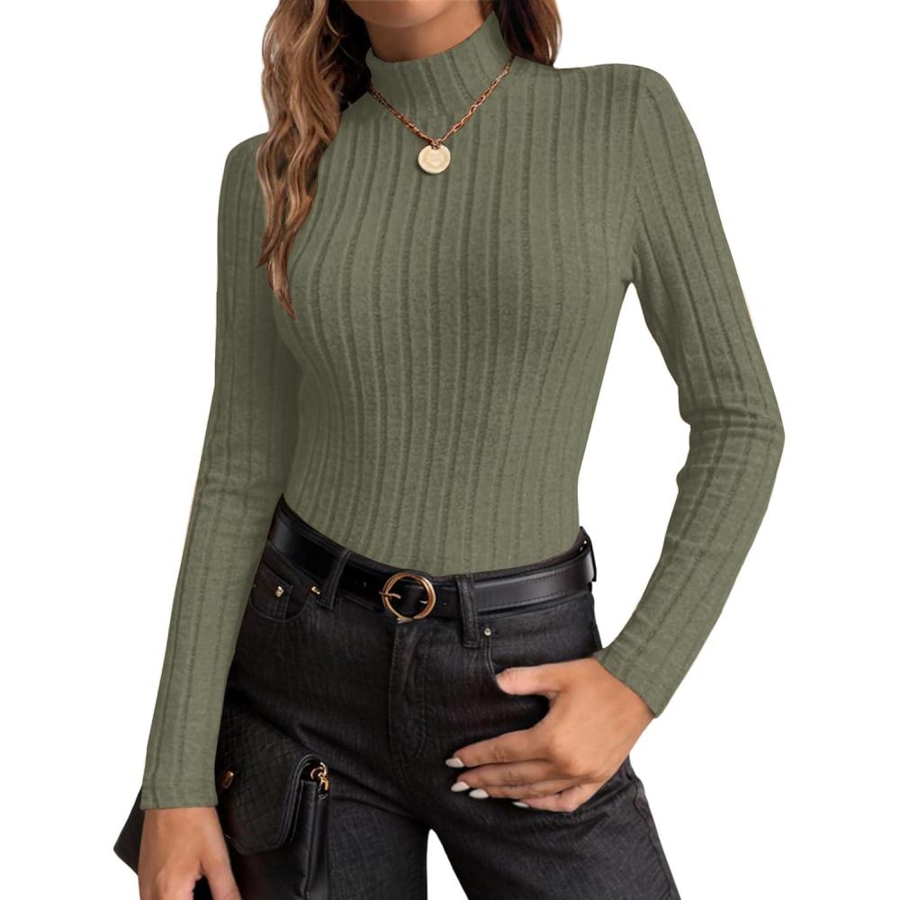 imageEkouaer Womens Long Sleeve Mock Turtleneck Tops Ribbed Shirts Fleece Soft Thermal Undershirts TeeOlive