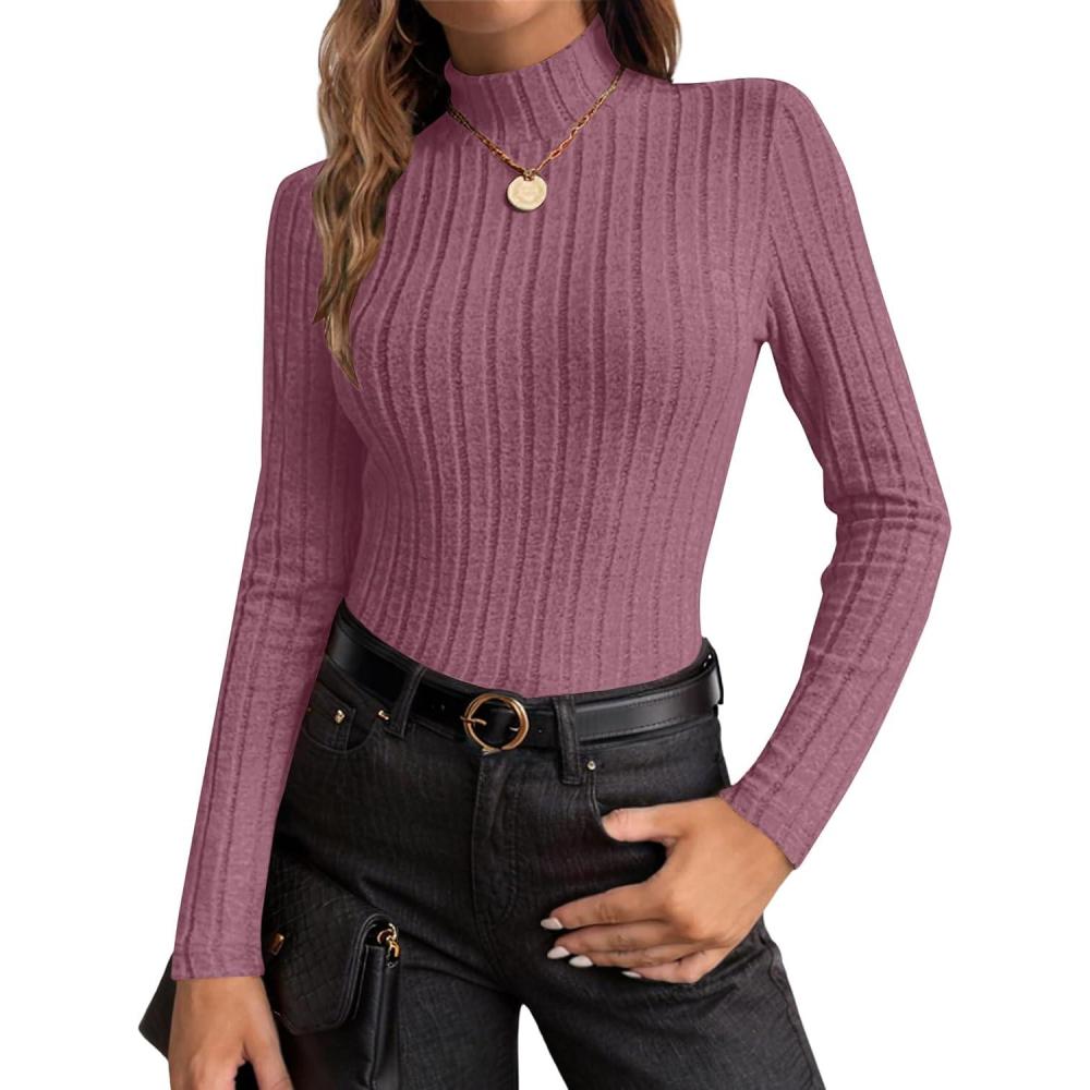 imageEkouaer Womens Long Sleeve Mock Turtleneck Tops Ribbed Shirts Fleece Soft Thermal Undershirts TeePurple Red
