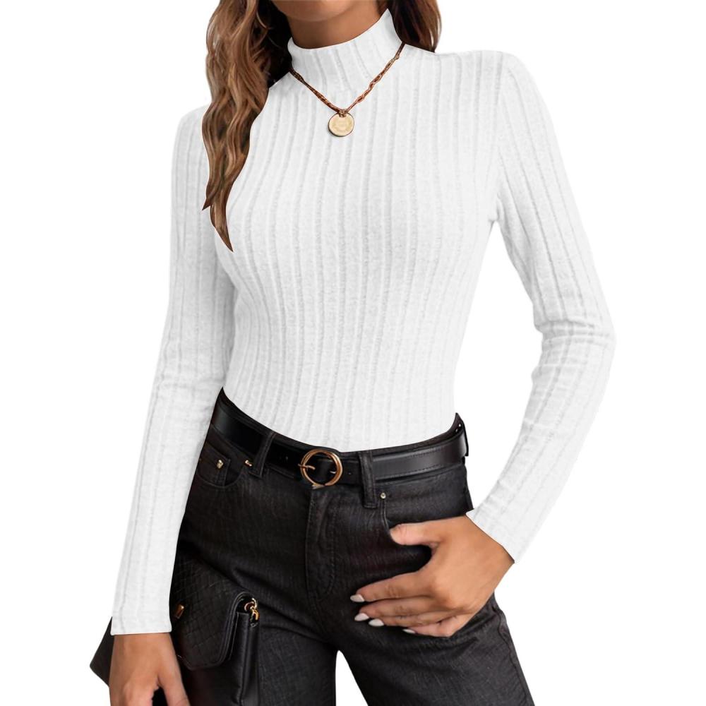 imageEkouaer Womens Long Sleeve Mock Turtleneck Tops Ribbed Shirts Fleece Soft Thermal Undershirts TeeWhite
