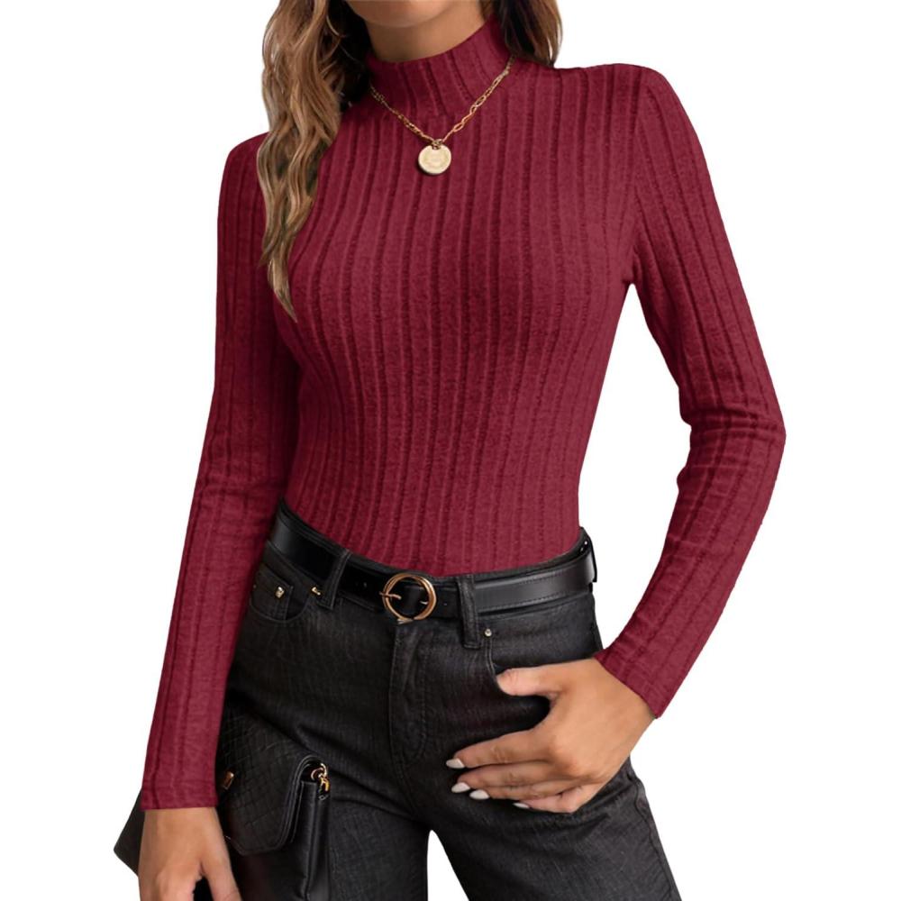 imageEkouaer Womens Long Sleeve Mock Turtleneck Tops Ribbed Shirts Fleece Soft Thermal Undershirts TeeWine Red