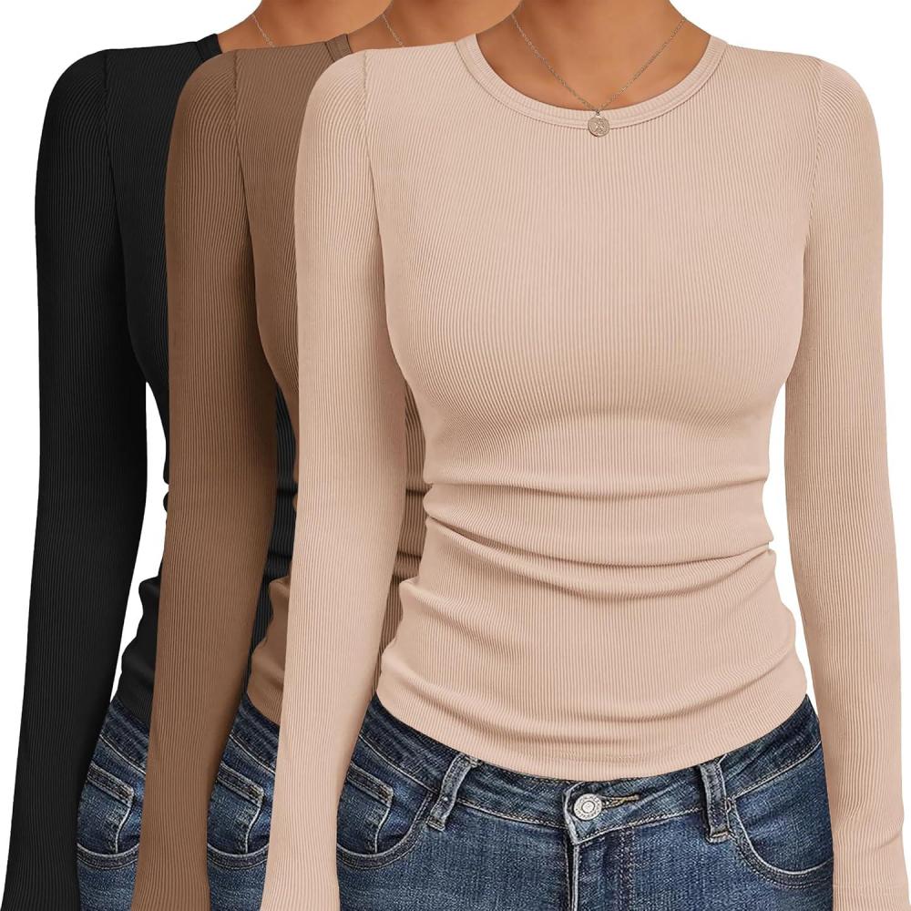 imageEkouaer Womens Long Sleeve Shirts 3 Packs Crew Neck Stretchy Fitted Tops Ribbed Base Layer Soft Thermal Undershirts TeeBlack  Beige  Brown 3pcs