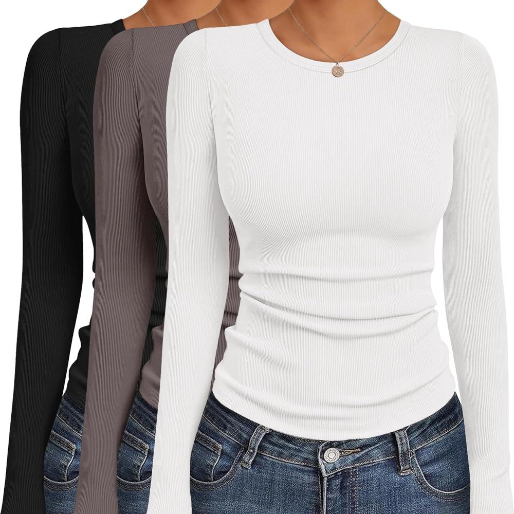 imageEkouaer Womens Long Sleeve Shirts 3 Packs Crew Neck Stretchy Fitted Tops Ribbed Base Layer Soft Thermal Undershirts TeeBlack Coffee Grey White 3pcs