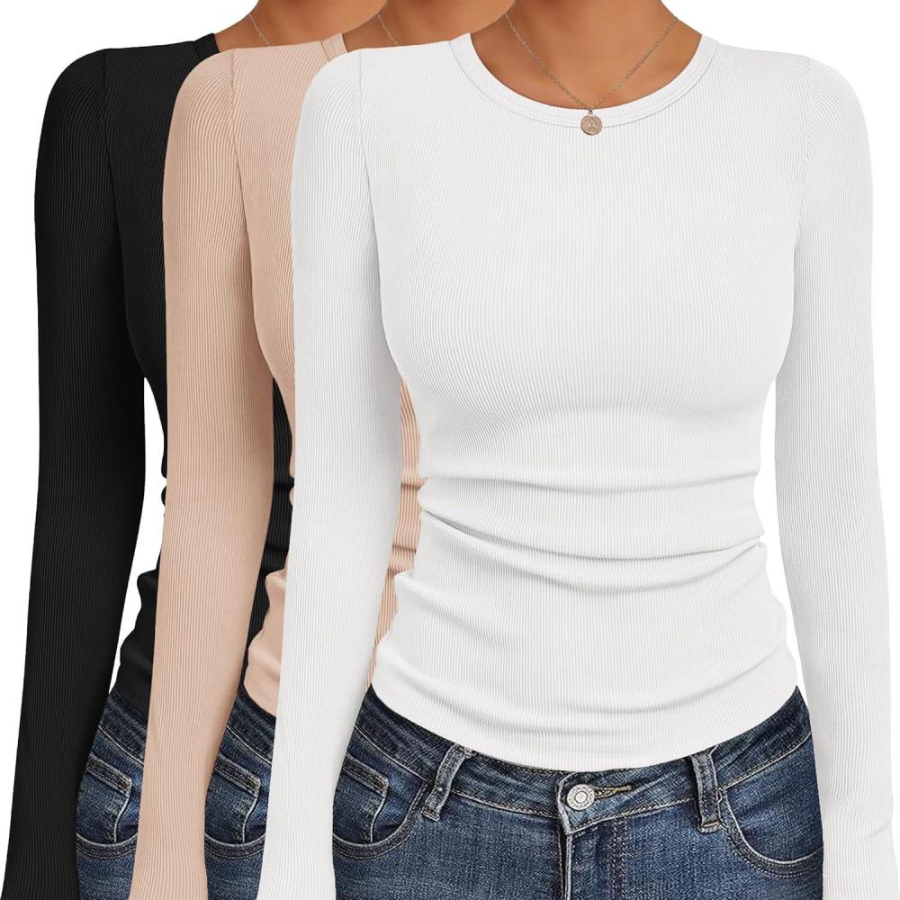 imageEkouaer Womens Long Sleeve Shirts 3 Packs Crew Neck Stretchy Fitted Tops Ribbed Base Layer Soft Thermal Undershirts TeeBlack  White  Beige 3pcs