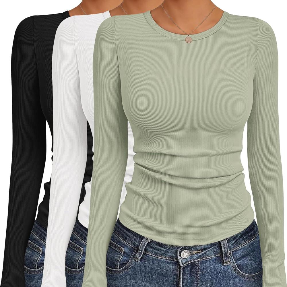 imageEkouaer Womens Long Sleeve Shirts 3 Packs Crew Neck Stretchy Fitted Tops Ribbed Base Layer Soft Thermal Undershirts TeeBlack  White  Light Green 3pcs