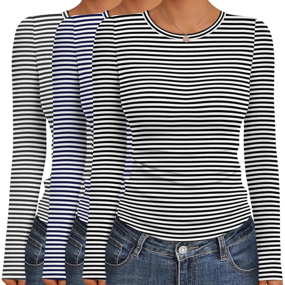 imageEkouaer Womens Long Sleeve Shirts 3 Packs Crew Neck Stretchy Fitted Tops Ribbed Base Layer Soft Thermal Undershirts TeeBlack White Stripe Navy White Stripe Grey White Stripe 3pcs