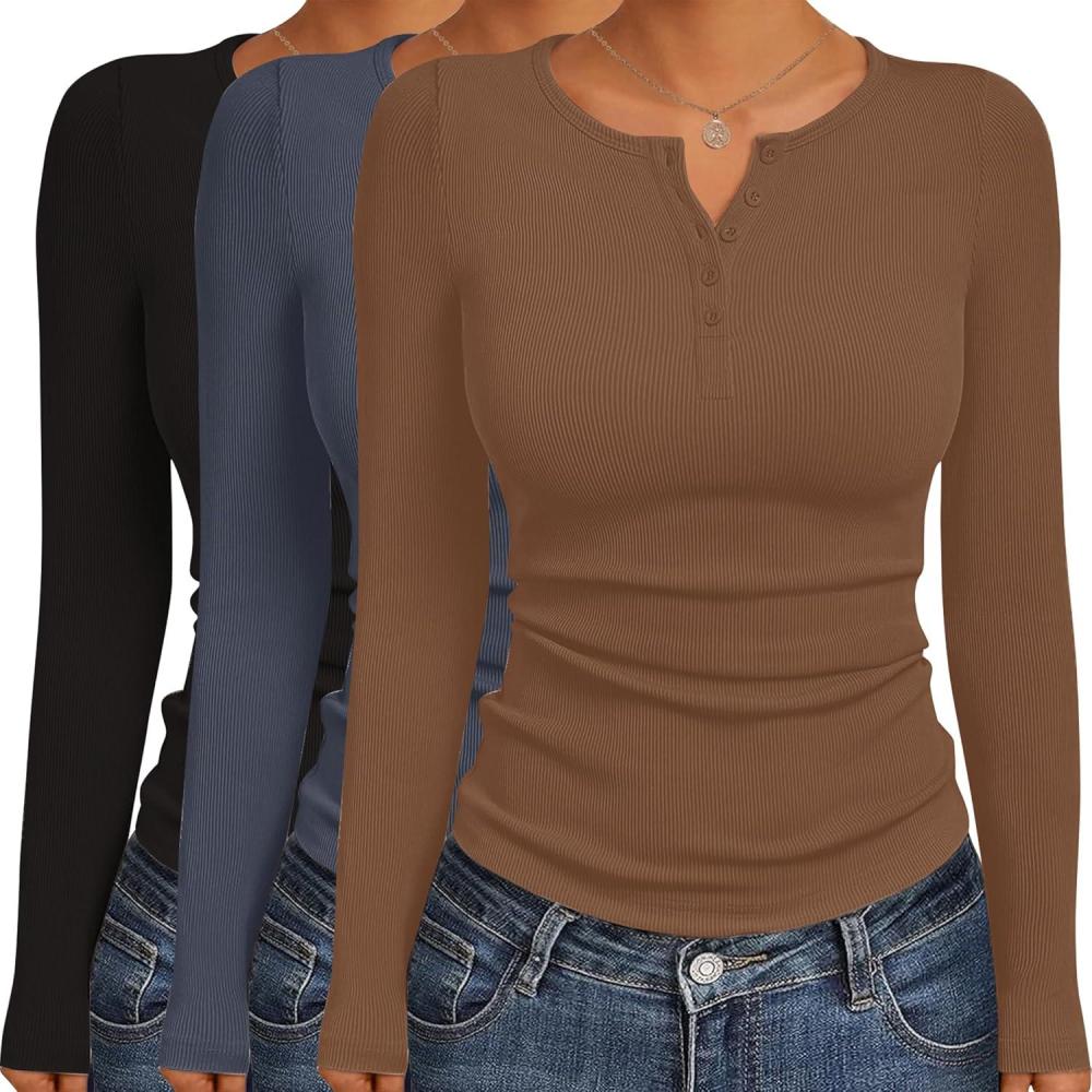 imageEkouaer Womens Long Sleeve Shirts 3 Packs Henley Button Down Tops Ribbed Slim Fit Base Layer Soft Thermal TeeBlack  Dark Gray  Brown 3pcs