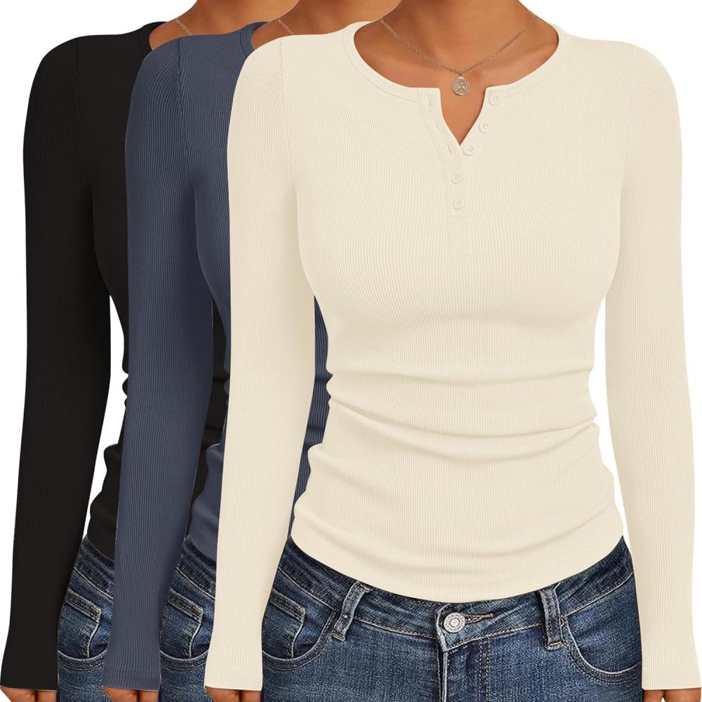 imageEkouaer Womens Long Sleeve Shirts 3 Packs Henley Button Down Tops Ribbed Slim Fit Base Layer Soft Thermal TeeBlack Dark Gray Cream 3pcs